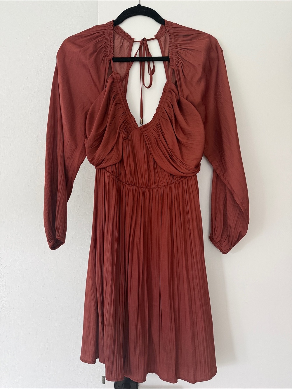 Anthropologie Rust Long-Sleeve Pleated Tie-Back Dress